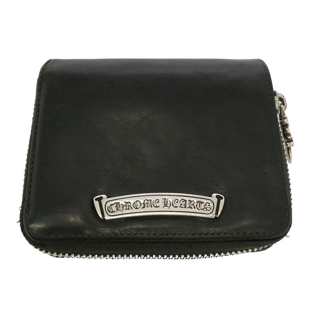 CHROME HEARTS クロムハーツ（原本無） SQ ZIP BILL スクエアジップビル ラウンド ジップ レザー ウォレット 財布 ブラック系 メンズ【中古】