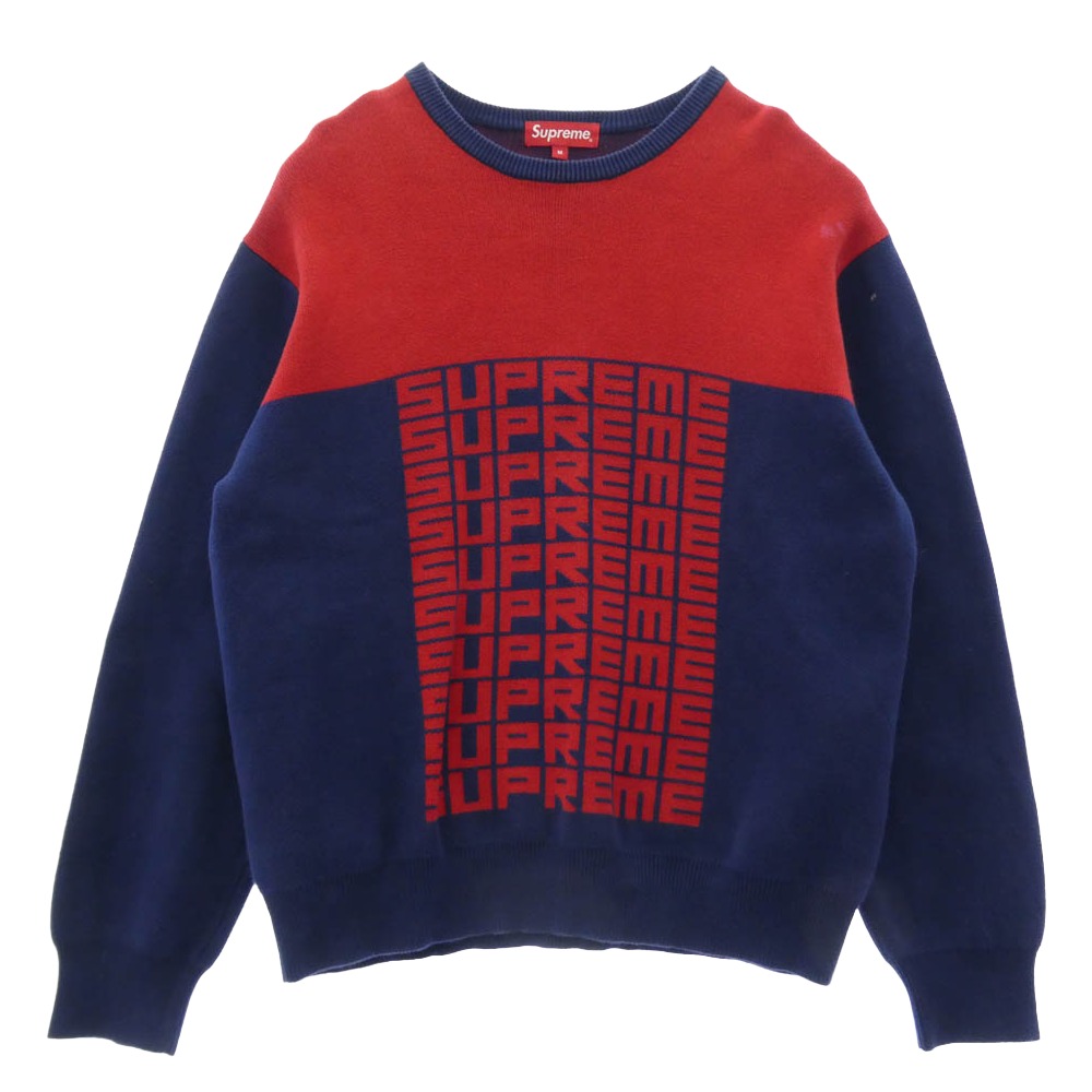 Supreme シュプリーム 18AW Logo Repeat Sweater ロゴリピート 編み物 ティーシャツ 青碧系 赤いこと系 M  メンズ【古着】【中古】