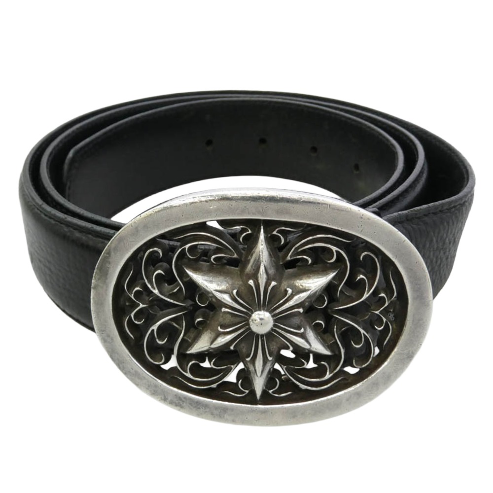 CHROME HEARTS クロムハーツ（正本無） OLD BUCKL OVAL STAR 1.5 年寄りの 古典派音楽オーバル はやりっ子 バックル なめし革 同盟罷業さあ美 三尺帯 黒いこと系 36 メンズ【中古】