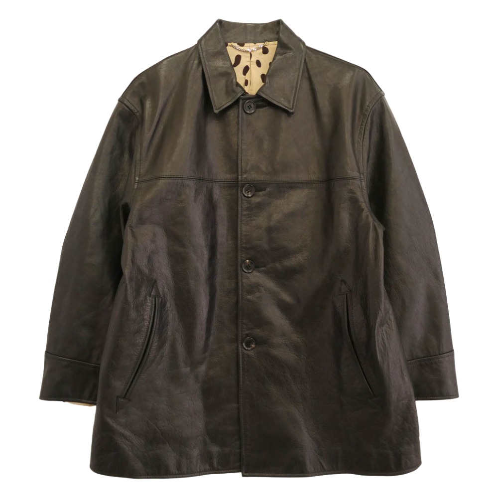 WACKO MARIA ワコマリア 24ss LEATHER CAR COAT TYPE-2  裏地レオパード カウハイド レザー カーコート ジャケット ブラック系 L  メンズ【古着】【中古】