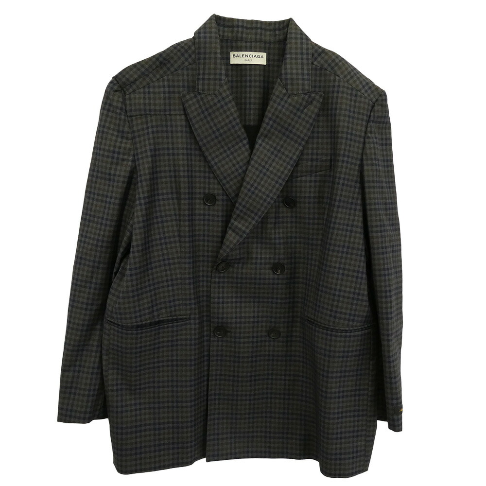 BALENCIAGA バレンシアガ 17SS 470537 TVI22 チェック ピークドラペル ダブル ウール テーラード ジャケット グレー系 38 レディース【古着】【中古】