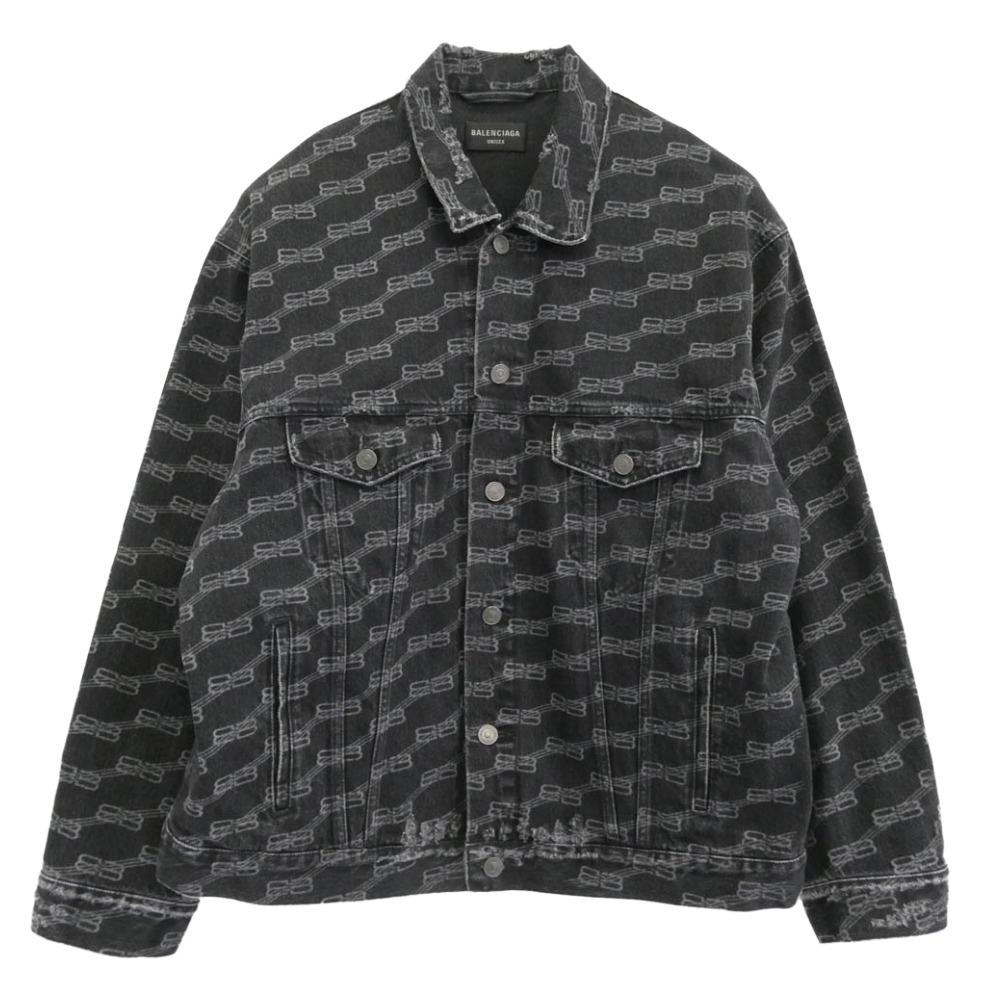 BALENCIAGA バレンシアガ 719322 TNW63 BB Monogram Large fit Jacket ロゴタイプ刷り上げる ジーンズ上衣 薄墨色系 XS  メンズ【古着】【中古】