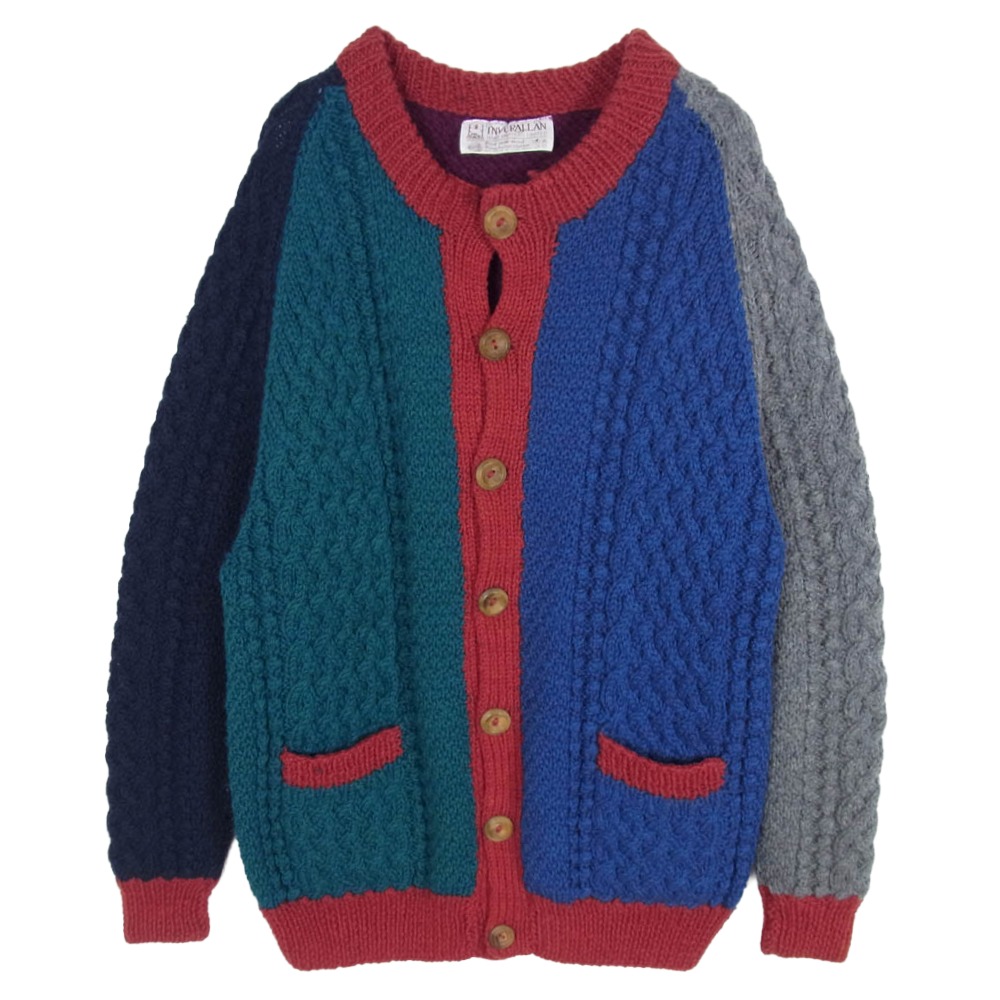 INVERALLAN インバーアラン 4A CREW NECK CARDIGAN 茶タグ アランニット ノーカラー クルーネック カーディガン マルチカラー系 メンズ【古着】【中古】｜ブランド古着 ライフ店