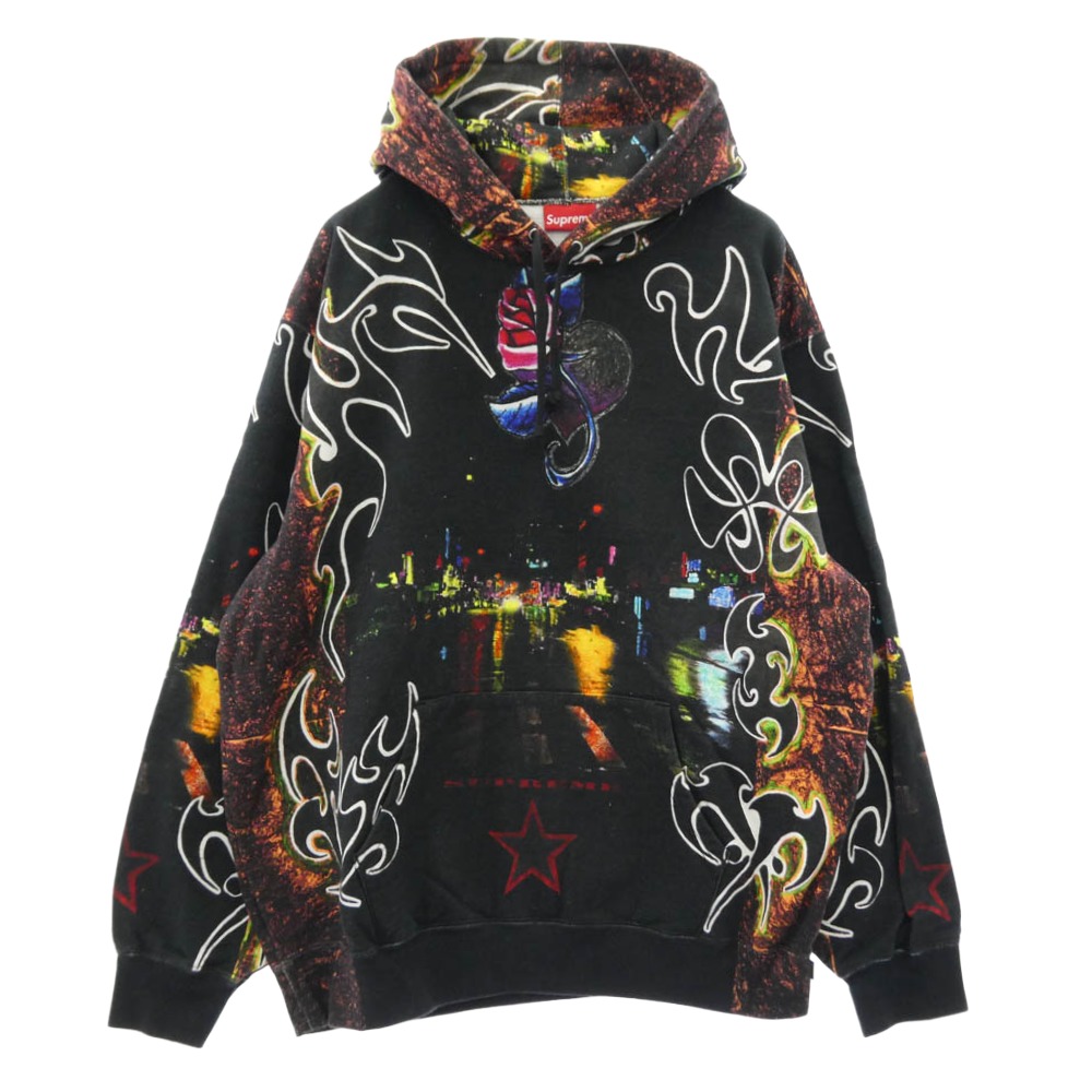 Supreme シュプリーム 22SS East Broadway Hooded Sweatshirt パン種 ブロードウェイ フーデッド トレーナー パーカー フーディー 濃灰色系 マルチ色つや系 XL 【美品】 メンズ【古着】【中古】