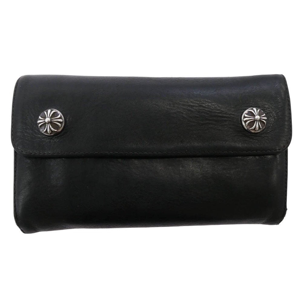 CHROME HEARTS クロムハーツ（藍本無） WAVE WALLET 縮くれる ウォレット クロスボールボタン ダガージップ なめし革 長札入れ 黒いこと系  メンズ【中古】