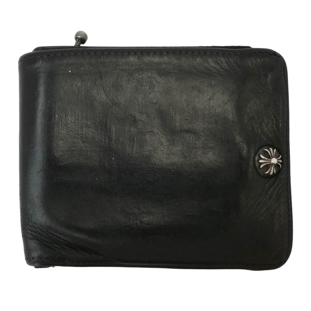 CHROME HEARTS クロムハーツ（原本無） 1SNAP 1スナップ クロスボールボタン レザー コンパクト ウォレット ブラック系 シルバー系 メンズ【中古】