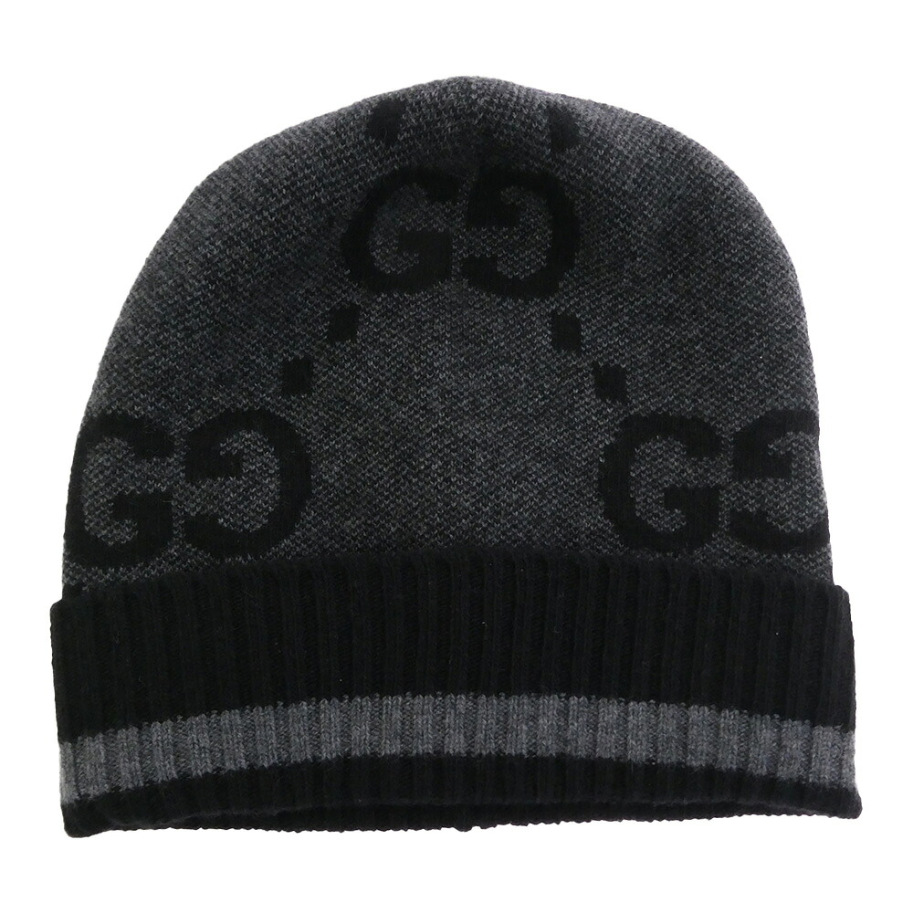 GUCCI グッチ 676827 4GABX GGロゴ カシミヤ ニット キャップ 帽子 ブラック系 グレー系 M 58 【美品】 メンズ【中古】｜ブランド古着 ライフ店