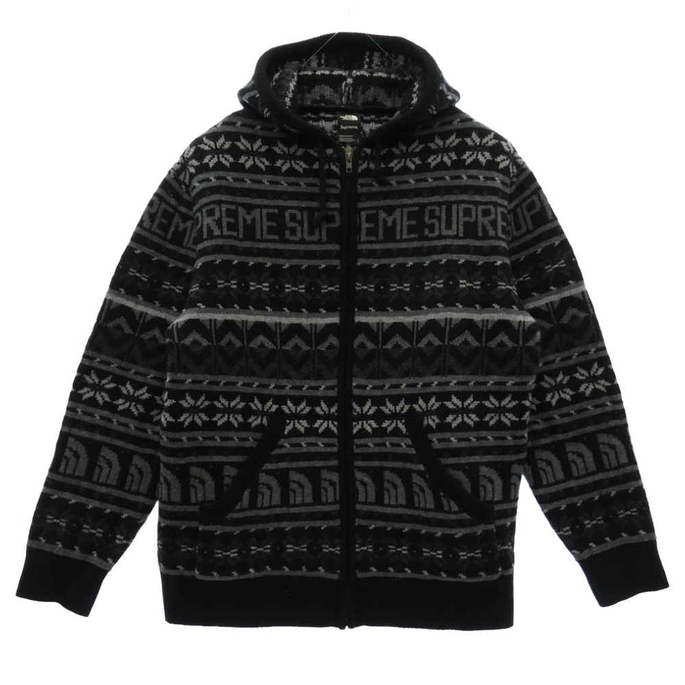 Supreme シュプリーム 22AW NT522121 × THE NORTH FACE Zip Up Hooded Sweater ジップアップ フーデッド ノース柄 スウェーター 編み物 パーカー 黒いこと系 L メンズ【古着】【中古】