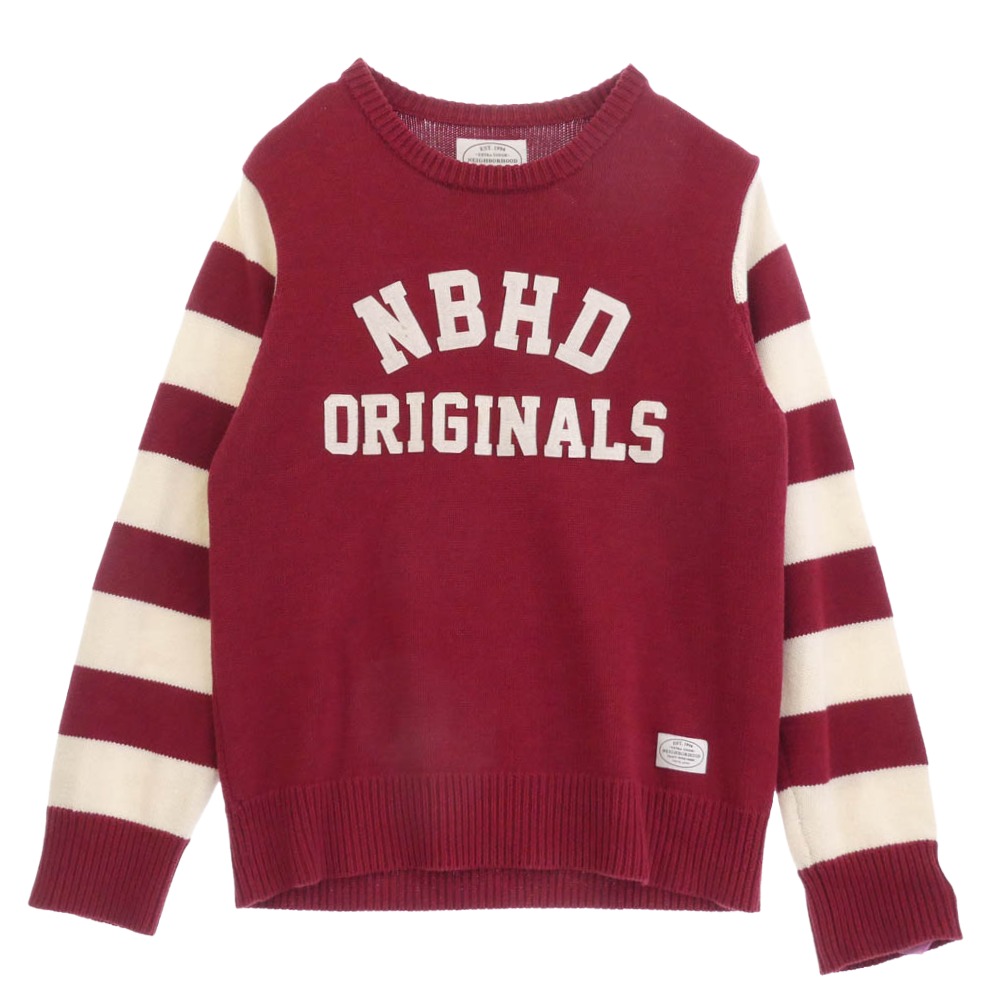 NEIGHBORHOOD ネイバーフッド 15AW 152MANH-KNM04S B.D MF / CW-CREW.LS ウール混 NBHD ロゴワッペン アームボーダー ニット セーター オフホワイト系 レッド系 L メンズ【古着】【中古】