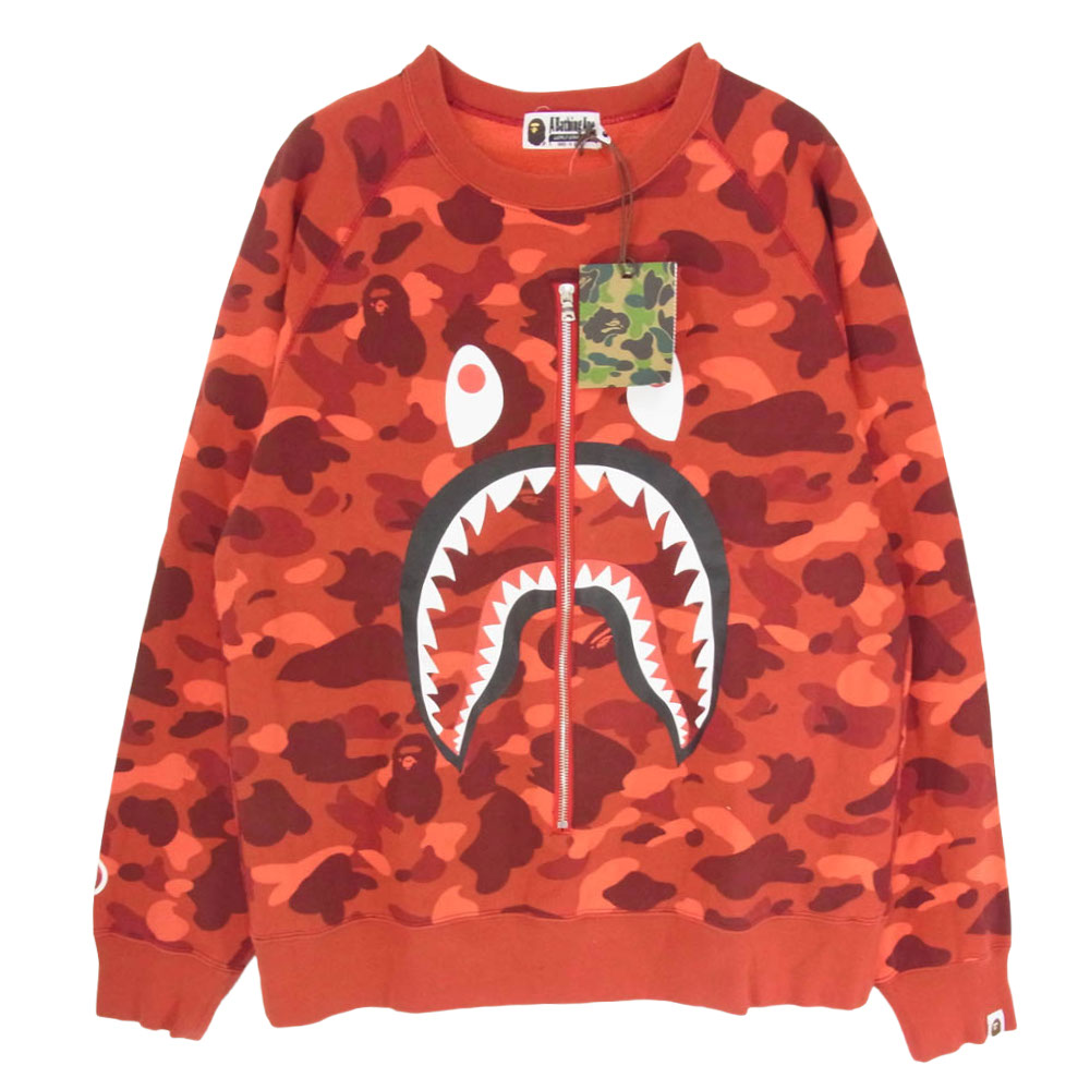 A BATHING APE アベイシングエイプ Color Camo Shark Crew Sweatshirt ZIP 色つや間鴨 シャークプリント 間鴨フラ 労働者の一団素っ首 流汗 向こう正面 本当の ジップ 衣嚢 赤いこと系 XL 【美品】 メンズ【古着】【中古】