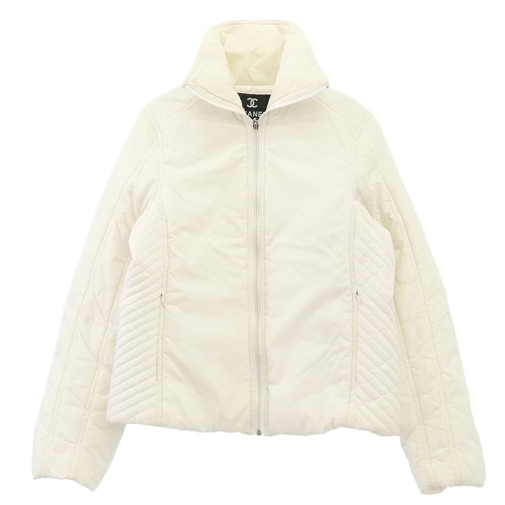CHANEL シャネル CCマーク ココマーク ロゴ スタンドカラー 中綿 ジップアップ ナイロン ジャケット オフホワイト系 XL レディース【古着】【中古】