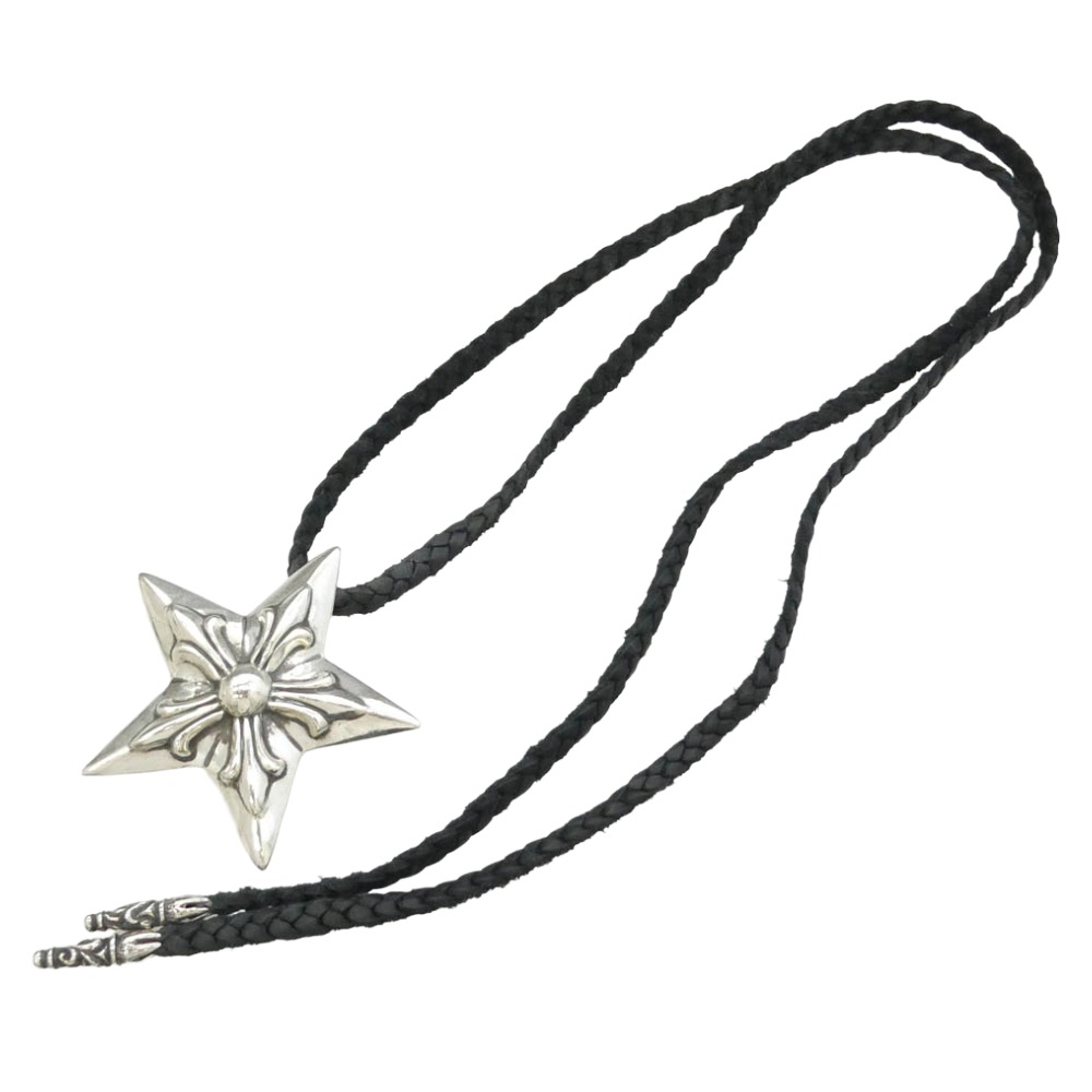 CHROME HEARTS クロムハーツ（原本有） STAR 5 POINT LEATHER BRAID ラージ 5尖んがりはやりっ児 レザーブレード 首飾り 黒いこと系 しろがね色系 メンズ【中古】