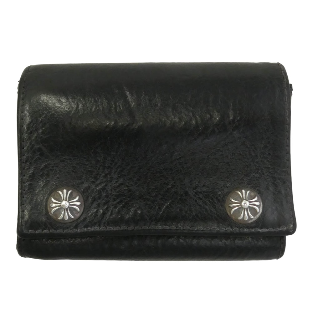 CHROME HEARTS クロムハーツ(原本無) 3FOLD 3フォールド クロスパッチ付き クロスボタン レザー ウォレット 財布 ブラック系 メンズ【中古】|ブランド古着 ライフ店