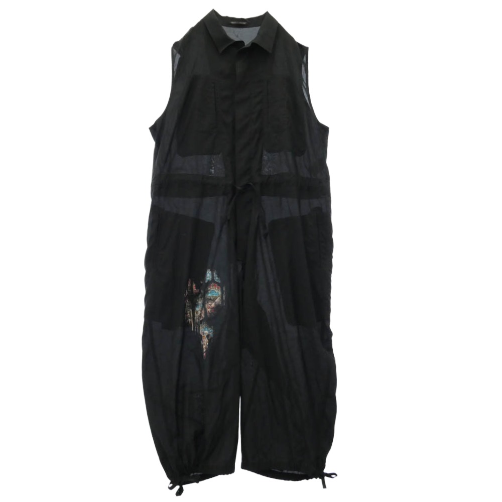 Yohji Yamamoto POUR HOMME ヨウジヤマモトプールオム 26SS HP-I06-860 CU/C LAWN MESSAGE PRINTED OVERALLS ステンドグラス メッセージプリント ノースリーブ オーバーオール オールインワン ブラック系 1 メンズ【古着】【中古】｜ブランド古着 ライフ店