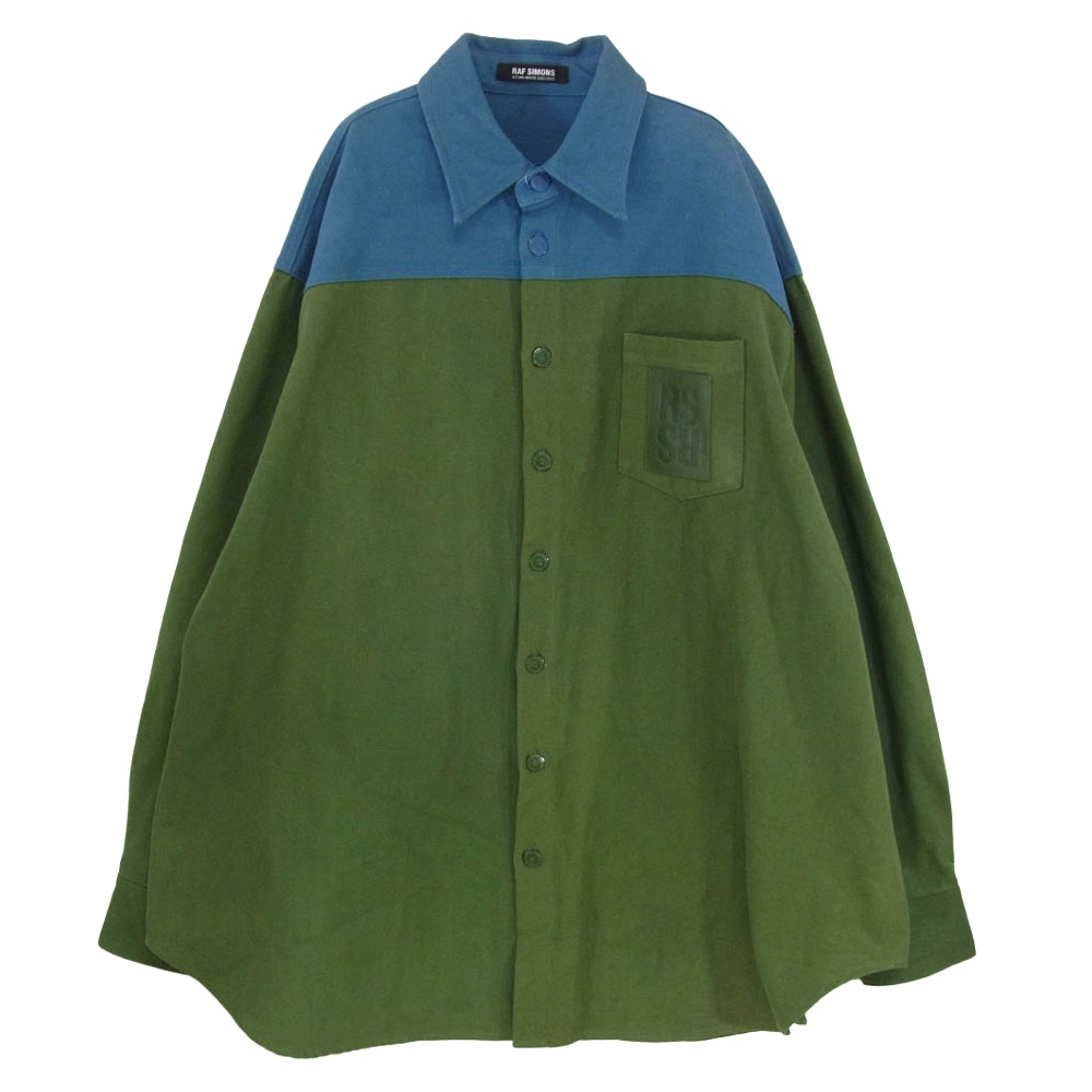 RAF SIMONS ラフシモンズ 22AW Oversized denim shirts ピン付き オーバーサイズ バイカラー デニム シャツ ジャケット グリーン系 M メンズ【古着】【中古】｜ブランド古着 ライフ店