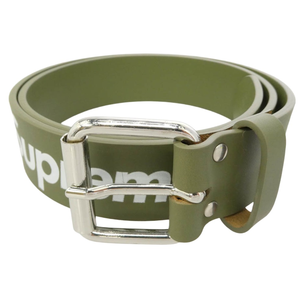 Supreme シュプリーム 22SS Repeat Leather Belt 再び述べる ロゴタイプ なめし革 胴締め モスグリーン系 S/M【美品】 メンズ【中古】