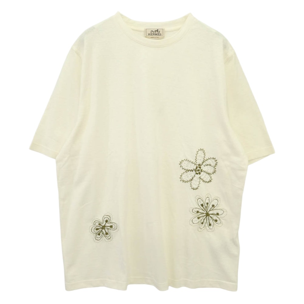 HERMES エルメス 557890HA イタリア製 フラワー刺繍 リネン 麻混 半袖 Tシャツ オフホワイト系 L【極上美品】 メンズ【古着】【中古】｜ブランド古着 ライフ店