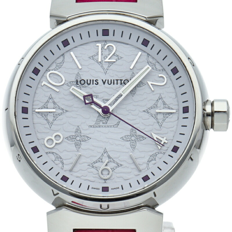MONTRE LOUIS VUITTON TAMBOUR QA116 MM MONOGRAMME SS/CUIR FEMME BLANCHE TAILLE 34 MM