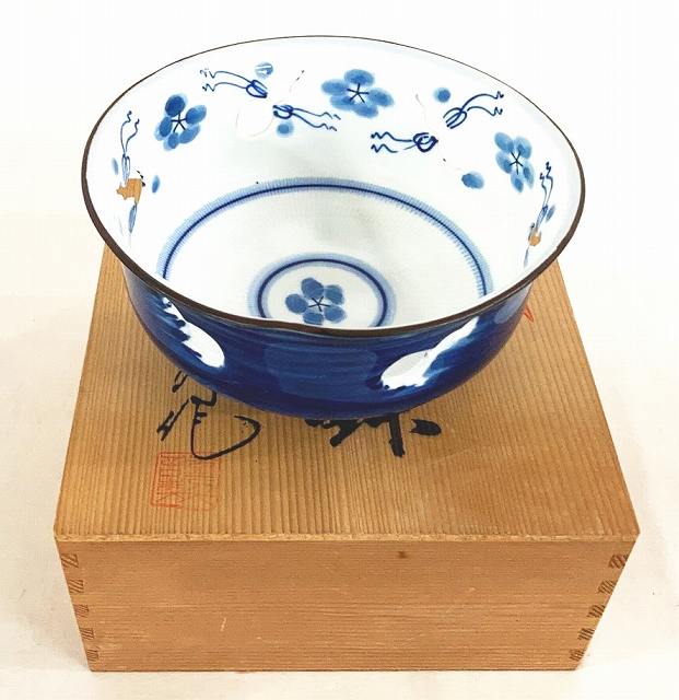 送料無料　江戸中期〜後期　古伊万里　染付　市松紋　鉢　盛鉢　菓子器　ボウル 古伊万里】 染付波松葉文平鉢 5客 江戸後期 16771 | アイテム