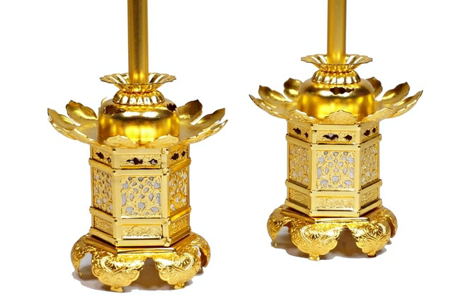 △16Z08△六角猫足吊灯籠一対/神前灯篭銅造金鍍金真鍮仏教