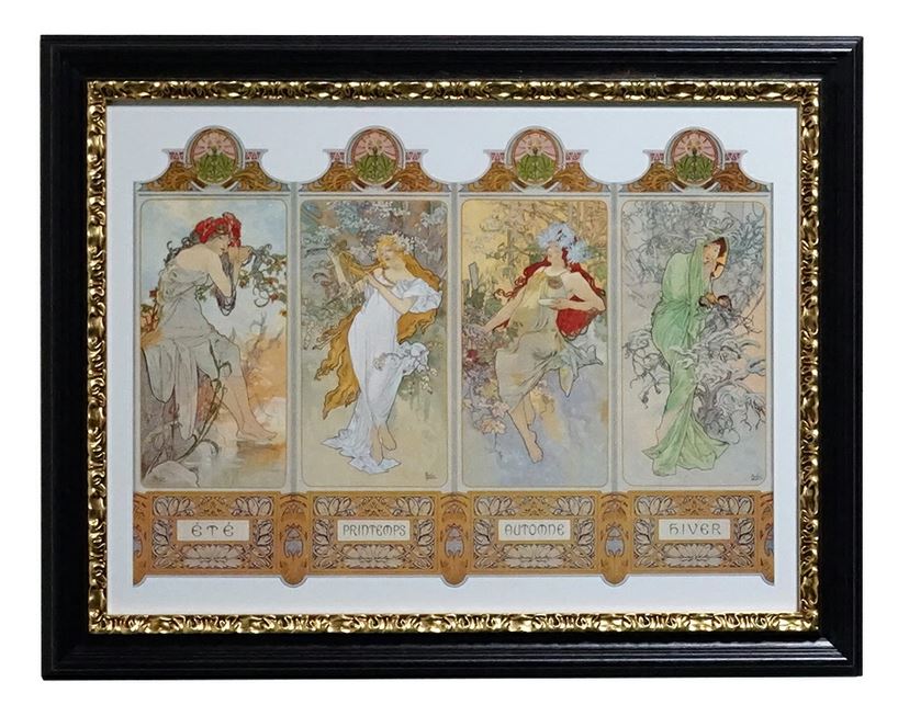 イタリア製 輸入雑貨 額絵 アートフレーム アルフォンス ミュシャ 四季 リビングスタジオ 直輸入 黒金 アールヌーボー FAL-6232MC 送料無料|リビングスタジオ