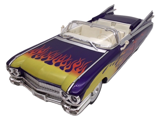 ミニカー ファイヤーパターン パープル 1/24 キャデラック 1959 エルドラド ヘッドライト＆テールライト点灯 エンジン音＆クラクション 新品 アメ車 Aカー 外車 光る鳴る レトロ クラシックカー　ハードロック　カフェ　ホテル