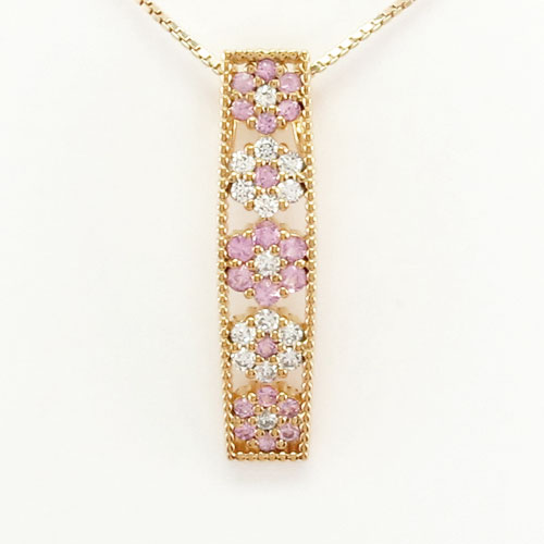 【P10倍 500円OFFクーポン】ダイヤモンド ネックレス 18k ペンダント レディース フラワー 花 ミル アンティーク グラデーション ピンクサファイア ゴールド k18 18金 母の日