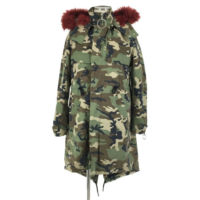オフホワイト Off White ライナー付き カモフラージュ柄 ミリタリーモッズコート S グリーン系 迷彩柄【中古】