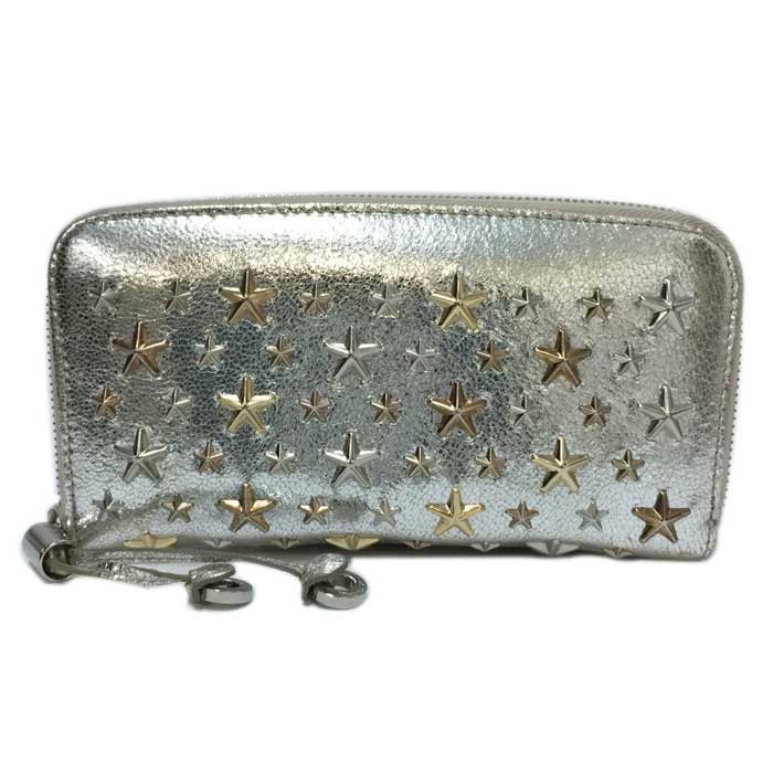 ジミーチュウ JIMMY CHOO FILIPA フィリパ ラウンドジッパー スタースタッズ 長紙入れ  しろがね色【中古】【美品】