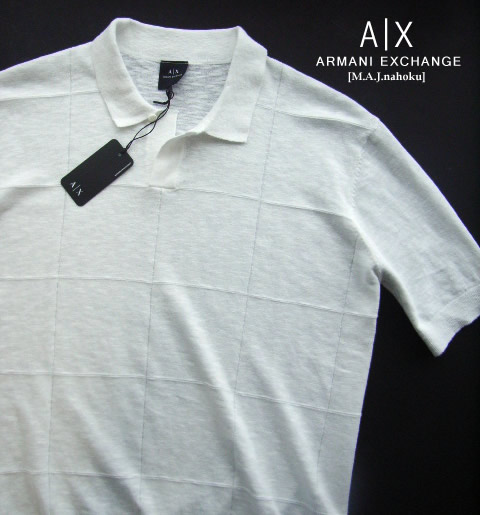 9853新品★アルマーニエクスチェンジ ARMANI EXCHANGE ★麻リネン裾ロゴポロニット3302★白系★ＸＬ★MENS★