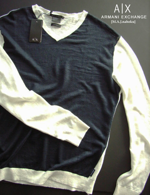 8516-9新品★アルマーニエクスチェンジ ARMANI EXCHANGE ★麻リネン100デザインＶネックニット3001★紺白★MENS★
