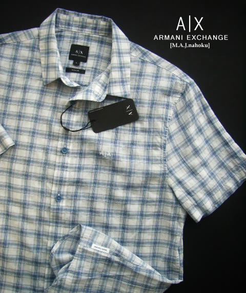 9106-9新品★アルマーニエクスチェンジ ARMANI EXCHANGE ★A|X 胸裾ロゴ半袖チェックシャツ3217★白青★MENS★