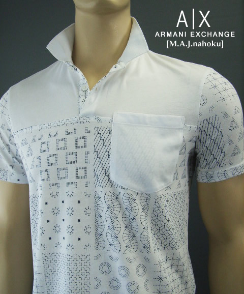 8840-2新品★アルマーニエクスチェンジ ARMANI EXCHANGE ★パッチワークプリントポロカットソー3038★白★MENS★