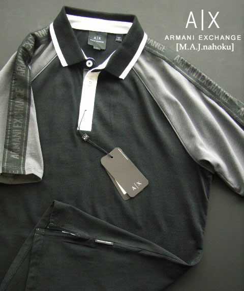8803新品★アルマーニエクスチェンジ ARMANI EXCHANGE★袖ロゴポロカットソー3024★黒薄墨色★MENS★