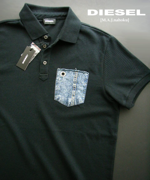 8609新品★ディーゼル　DIESEL ★胸デニムロゴポロシャツK219★黒★MENS「XS」相当