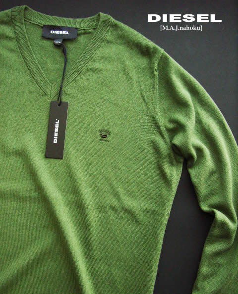 7241-2新品★ディーゼル　DIESEL★胸ロゴＶネックニット2902★カーキ★MENS★｜M.A.J.nahoku