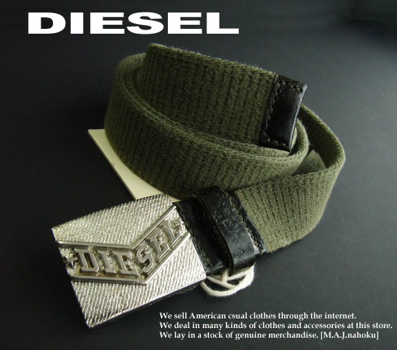 4936-8新品★ディーゼル DIESEL ★ヴィンテージロゴバックル布革ベルト★ITALY製★カーキ★MENS★