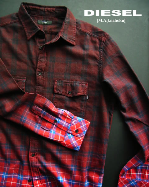 7972-4新品★ディーゼル DIESEL★胸ロゴグラデチェックシャツJ111★エンジ系★MENS★