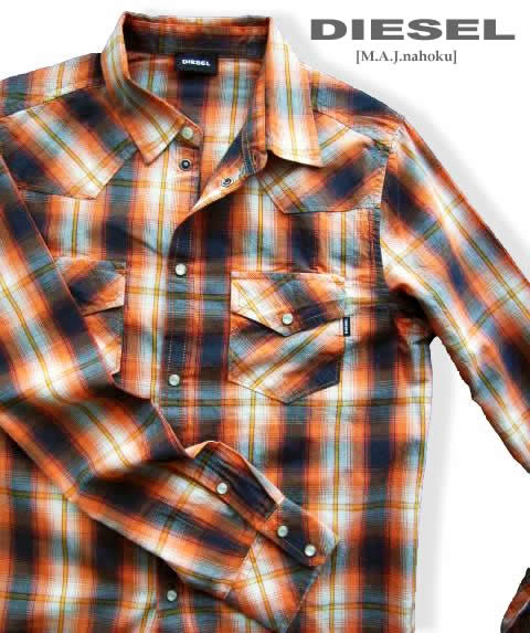 8062新品★ディーゼル DIESEL★ウエスタンチェックシャツK115★オレンジ黒系★MENS:XS相当|M.A.J.nahoku