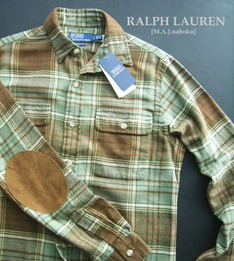 2175新品★ラルフローレン RALPH LAUREN ★肘宛付厚地チェックシャツK322★緑茶★Ｓ★MENS★