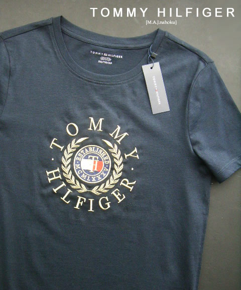 689-90新品★TOMMY HILFIGER トミーヒルフィガー ★デザイン刺繍ロゴTシャツ3407★濃紺★WOMENS