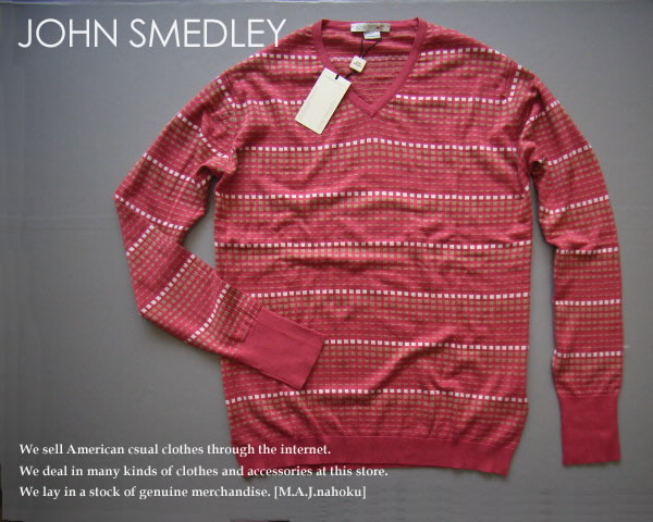 147新品★JOHN SMEDLEY ジョンスメドレー ★長袖Ｖネック柄ニット★ピンク系★Ｍ★MENS★