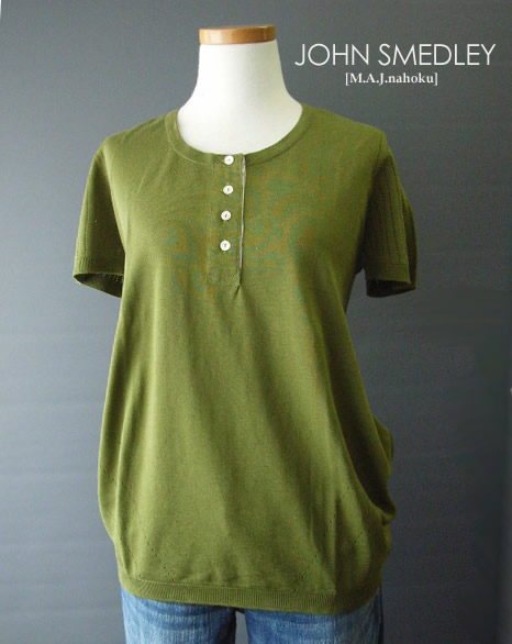 726新品★JOHN SMEDLEY ジョンスメドレー ★デザインヘンリー半袖ニット★草緑系★Ｓ★WOMENS★