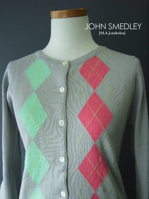735新品★JOHN SMEDLEY ジョンスメドレー ★アーガイル七分カーディガン★グレー系★Ｓ★WOMENS★