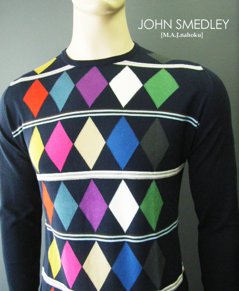 786新品★JOHN SMEDLEY ジョンスメドレー ★デザイン長袖菱形柄ニット★紺系★Ｍ★MENS★ 18,031円