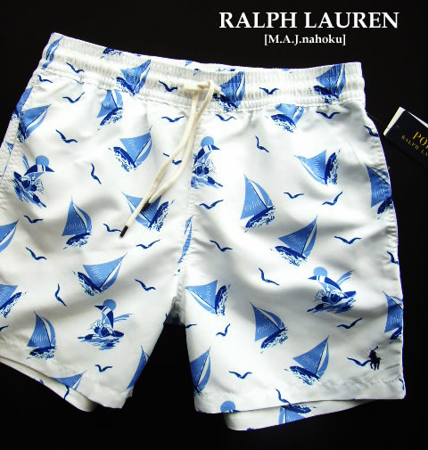 3866-8新品★ラルフローレン RALPH LAUREN ★ポロベア水着短パン3310★白系紺★MENS★