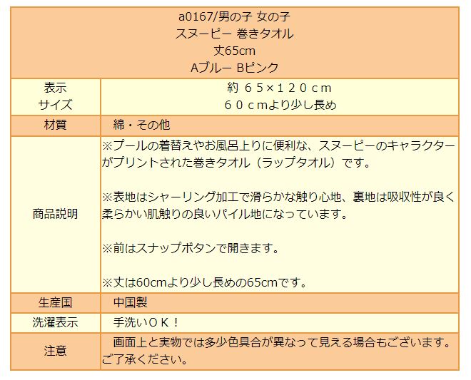 楽天市場 スヌーピー 巻きタオル ラップタオル 丈65cm Aブルー Bピンク A0167 Peanuts ピーナッツ Snoopy キャラクター 男の子 女の子 子供 キッズ ジュニア プール 新学期準備 青 桃 Zz701 Zyc Zai0316 すまいるまこ