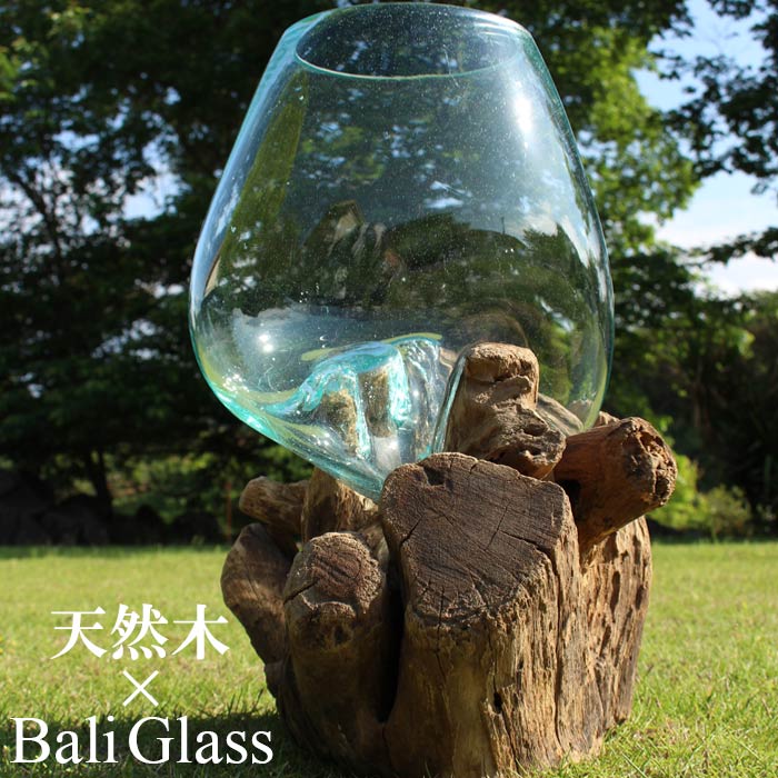 バリガラス×天然木 フラワーボウル 《Lサイズ》 25～35cm [形状お任せ] テラリウム コケテラリウム アクアリウム 花瓶 花器 フラワーベース 金魚鉢 水槽 アレンジメント 小物入れ オブジェ ディスプレイ インテリア バリ雑貨 店舗用 おしゃれ ナチュラル アート GCT-0215