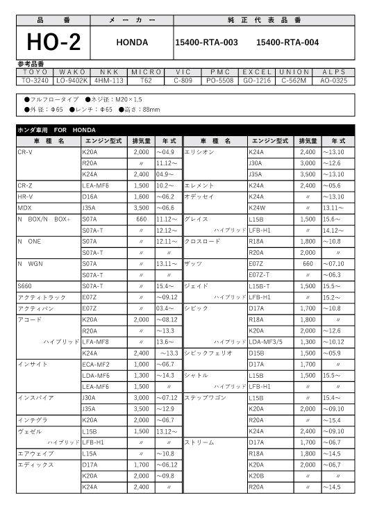 楽天市場 オイルフィルター Ho 2 オイルエレメント ホンダ用 Honda Rta 003 Rta 004 まんてんツール