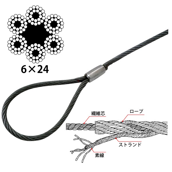 玉掛け 両端圧縮止めワイヤー6×24O/O 径24mm 長さ10m 玉450mm：道具屋+